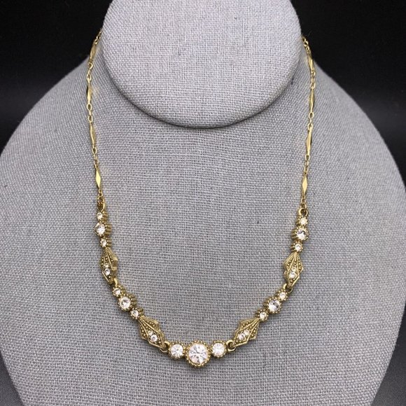 1928 Art Deco Style Necklace Gold Tone Clear Rhinestone Bar Link Dainty Elegant - Picture 2 of 8